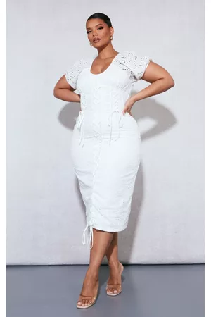 PRETTYLITTLETHING Women Midi Dresses - Plus White Broderie Anglaise Lace Up Midi Dress