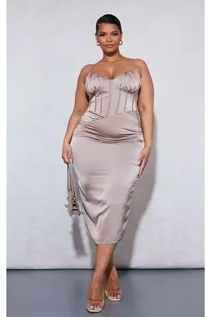 PRETTYLITTLETHING Women Ruched Midi Dresses - Plus Mocha Ruched Bust Satin Midi Dress