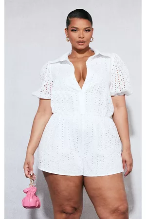 PRETTYLITTLETHING Women T-Shirts - Plus White Broderie Anglaise Puff Sleeve Romper