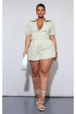 PRETTYLITTLETHING Women T-Shirts - Plus Sage Green Broderie Anglaise Puff Sleeve Romper