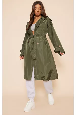 PRETTYLITTLETHING Women Trench Coats - Khaki Shell Double Breasted Trench Coat