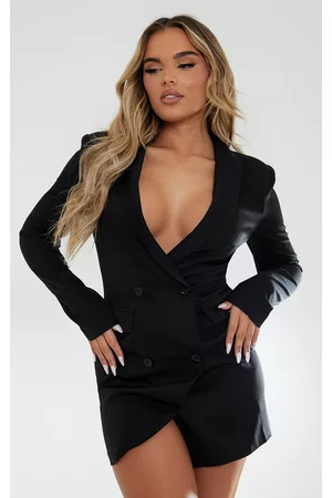 PRETTYLITTLETHING Women Blazer Dresses - Black Double Breasted Asymmetric Hem Blazer Dress