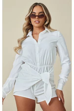 PRETTYLITTLETHING Women Shirts - White Woven Tie Detail Button Up Shirt Style Romper