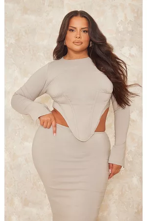 PRETTYLITTLETHING Women Long Sleeved Shirts - Plus Moss Sand Stretch Woven Long Sleeve Corset Top