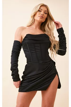 PRETTYLITTLETHING Women Ruched Bodycon Dresses - PLT Label Black Satin Corset Ruched Sleeve Bodycon Dress