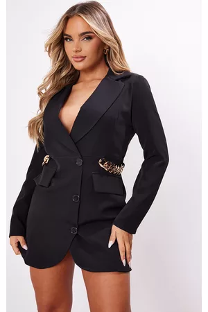 PRETTYLITTLETHING Women Blazer Dresses - Black Woven Side Chain Detail Blazer Dress