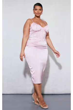 PRETTYLITTLETHING Women Ruched Midi Dresses - Plus Dusty Pink Ruched Bust Satin Midi Dress