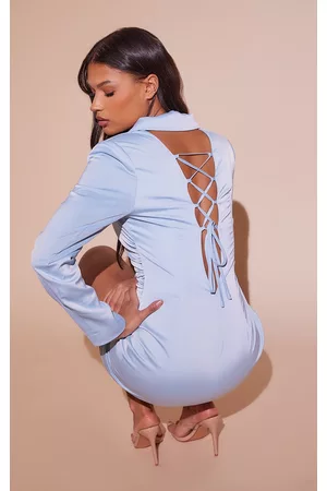 PRETTYLITTLETHING Women Blazer Dresses - Pale Blue Satin Lace Up Back Detail Blazer Dress