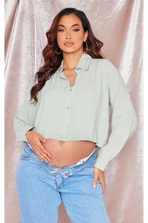 PRETTYLITTLETHING Women Shirts - Maternity Sage Linen Look Cropped Shirt