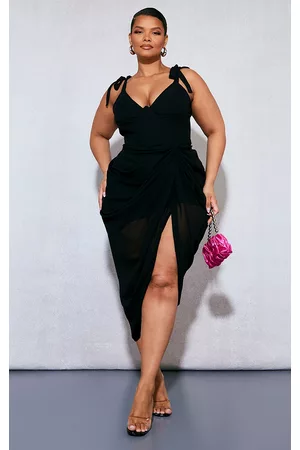 PRETTYLITTLETHING Women Midi Dresses - Plus Black Underwire Detail Draped Midi Dress
