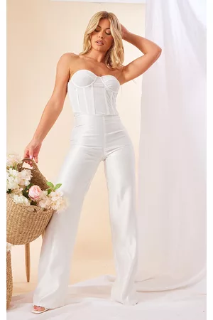 PRETTYLITTLETHING Women Corsets - White Satin Bandeau Mesh Corset Detail Jumpsuit