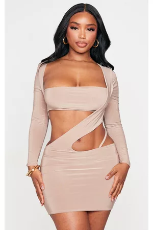 PRETTYLITTLETHING Women Bodycon Dresses - Shape Taupe Slinky Cut Out Long Sleeved Bodycon Dress