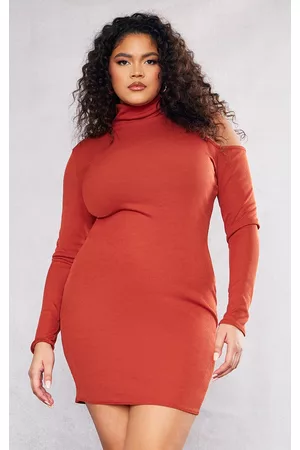 PRETTYLITTLETHING Women Long Sleeve Dresses - Plus Clay Rib High Neck Cut Out Long Sleeve Dress