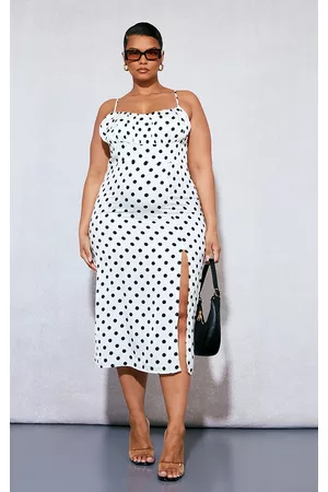 PRETTYLITTLETHING Women Ruched Midi Dresses - Plus White Polka Dot Ruched Bust Side Split Midi Dress