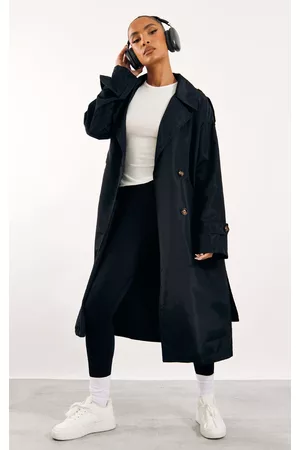 PRETTYLITTLETHING Women Trench Coats - Black Shell Double Breasted Trench Coat