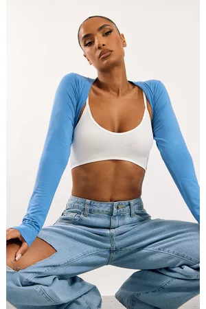 PRETTYLITTLETHING Women Long Sleeved Shirts - Steel Blue Jersey Long Sleeve Shrug