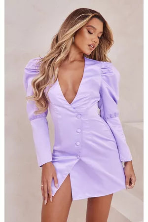 PRETTYLITTLETHING Women Puff Sleeve Dress - Lilac Satin Puff Sleeve Asymmetric Button Blazer Dress
