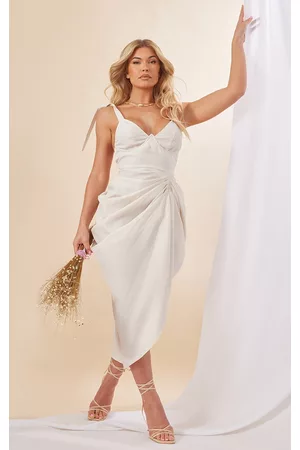 PRETTYLITTLETHING Women Midi Dresses - Stone Linen Look Draped Underwire Detail Midi Dress