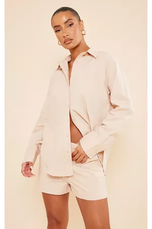 PRETTYLITTLETHING Women Oversized T-Shirts - Sand Woven Twill Oversized Shirt