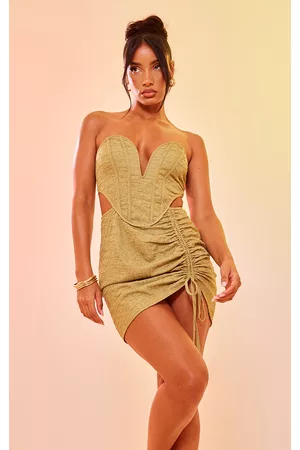 PRETTYLITTLETHING Women Ruched Bodycon Dresses - Olive Textured Extreme V Bar Ruched Skirt Bodycon Dress