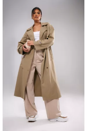 PRETTYLITTLETHING Women Trench Coats - Light Khaki Button Through Oversized Trench Coat