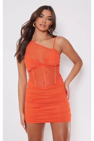 PRETTYLITTLETHING Women Mesh Bodycon Dresses - Orange Mesh Asymmetric Boning Corset Detail Bodycon Dress