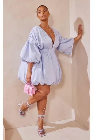 PRETTYLITTLETHING Women Puff Sleeve Dress - Plus Dusty Blue Puff Sleeve Puffball Hem Shift Dress