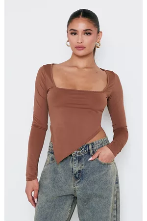 PRETTYLITTLETHING Women Long Sleeved Shirts - Mocha Matte Sculpt Square Neck Long Sleeve Asymmetric Hem Long Top