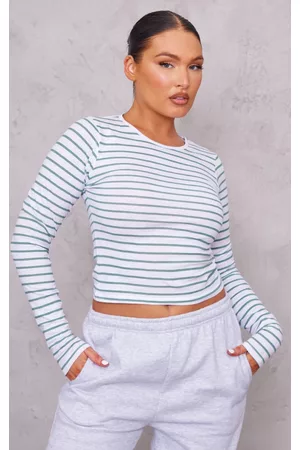 PRETTYLITTLETHING Women Long Sleeved Shirts - Green Cotton Striped Long Sleeve Top