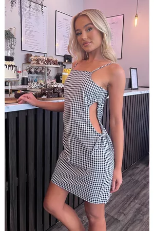 PRETTYLITTLETHING Women Ruched Bodycon Dresses - Monochrome Check Cut Out Ruched Side Bodycon Dress