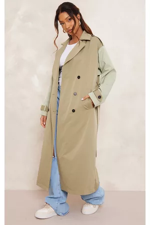 PRETTYLITTLETHING Women Trench Coats - Khaki Belted Two Tone Trench Coat