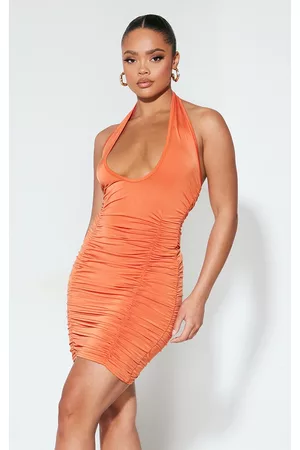 PRETTYLITTLETHING Women Ruched Bodycon Dresses - Orange Slinky Ruched Cross Neck Detail Bodycon Dress
