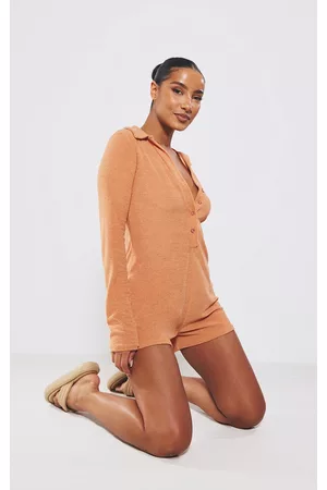 PRETTYLITTLETHING Women T-Shirts - Clay Towelling Button Up Collared Romper