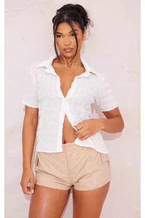 PRETTYLITTLETHING Women Short sleeved Shirts - White Textured Woven Short Sleeve Shirt