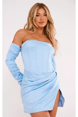 PRETTYLITTLETHING Women Ruched Bodycon Dresses - PLT Label Blue Satin Corset Ruched Sleeve Bodycon Dress