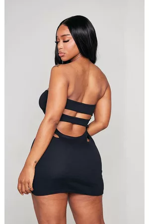 PRETTYLITTLETHING Women Bodycon Dresses - Shape Black Rib Cut Out Back Bodycon Dress