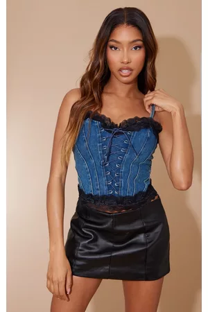 PRETTYLITTLETHING Women Lace-up Tops - Indigo Blue Wash Lace Trim Denim Corset Top