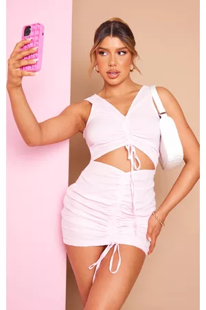 PRETTYLITTLETHING Women Ruched Bodycon Dresses - Pink Textured Ruched Cut Out Sleeveless Bodycon Dress