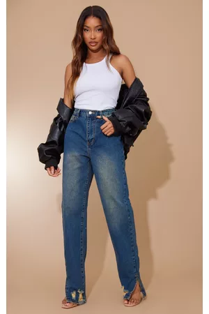 PRETTYLITTLETHING Women Straight Jeans - Indigo Vintage Wash Ripped Split Hem Straight Leg Jeans