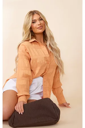 PRETTYLITTLETHING Women Oversized T-Shirts - Peach Textured Satin Oversized Shirt