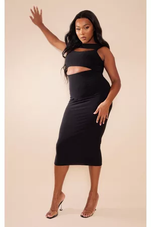 PRETTYLITTLETHING Women Midi Dresses - Plus Black Cut Out Slinky Midi Dress