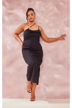 PRETTYLITTLETHING Women Asymmetrical Dresses - Plus Black Linen Look Asymmetric Strap Midi Dress