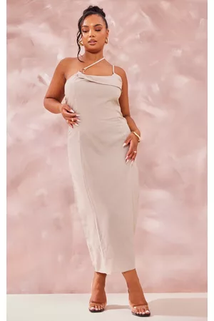 PRETTYLITTLETHING Women Asymmetrical Dresses - Plus Stone Linen Look Asymmetric Strap Midi Dress
