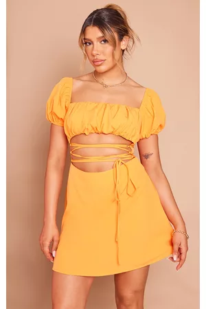 PRETTYLITTLETHING Women Puff Sleeve Dress - Orange Puff Sleeve Cut Out Strappy Shift Dress