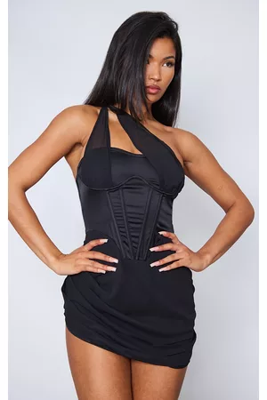 PRETTYLITTLETHING Women Mesh Bodycon Dresses - Black Satin Underwired Corset Mesh Strap Detail Bodycon Dress