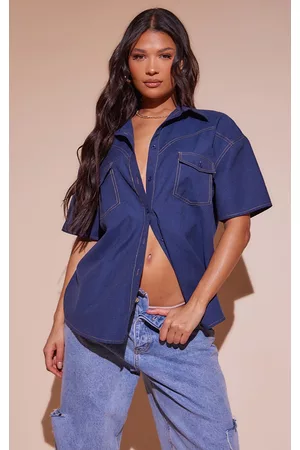 PRETTYLITTLETHING Women Short sleeved Shirts - Dark Indigo Twill Oversized Short Sleeve Shirt