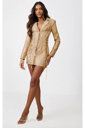 PRETTYLITTLETHING Women Blazer Dresses - Light Mocha Satin Corset Lace Up Side Blazer Dress