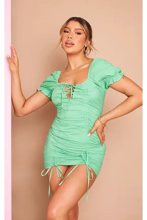 PRETTYLITTLETHING Women Ruched Bodycon Dresses - Green Lace Up Ruched Puff Sleeve Bodycon Dress