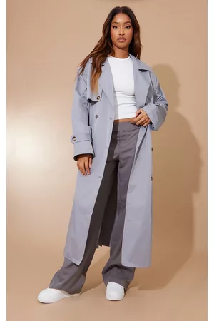 PRETTYLITTLETHING Women Trench Coats - Grey Button Through Oversized Trench Coat