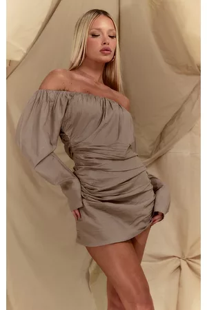 PRETTYLITTLETHING Women Ruched Bodycon Dresses - Mushroom Linen Look Ruched Bardot Bodycon Dress